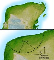 The Chicxulub Crater at the tip of the Yucatán Peninsula, the impact of which may have caused the dinosaur extinction.